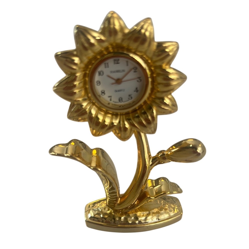 Hanslin Miniature Sunflower Desk Clock Gold Tone‎ Quartz Floral Collectible